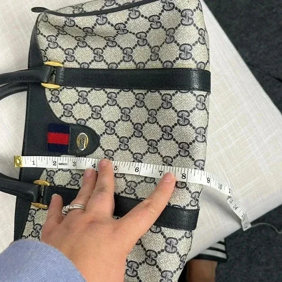 Vintage Gucci Boston Hand Bag Satchel Purse Monogram Navy Canvas Leather - Picture 14 of 16